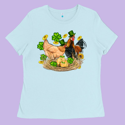 St Patricks Day Farm Chicken Rooster Chick  Shamrock Gold Ladies Tee Designed By Artiststas