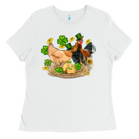 White st patricks day farm chicken rooster chick  shamrock gold Ladies Tee - Artiststas