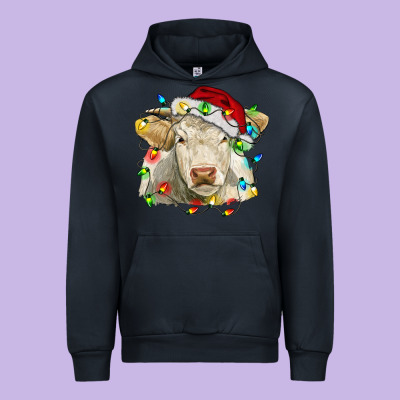 Charolais Cattle Cow With Christmas Lights And Hat Urban Hoodie Designed By Ranaportraitstore