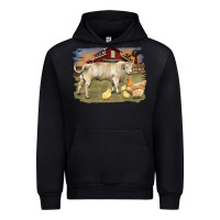 Black charolaris bull and chicken in barnyard Urban Hoodie - RanaPortraitStore