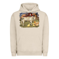 Pigment French Oak charolaris bull and chicken in barnyard Urban Hoodie - RanaPortraitStore