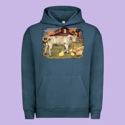 Charolaris Bull And Chicken In Barnyard Urban Hoodie Designed By Ranaportraitstore