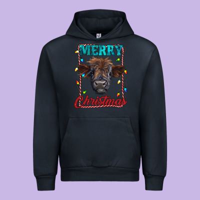 Merry Christmas Highland Calf Baby Cow Urban Hoodie Designed By Ranaportraitstore