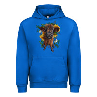 Cobalt highland cow with sunflower Urban Hoodie - RanaPortraitStore