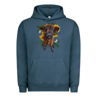 Pigment Midnight Navy highland cow with sunflower Urban Hoodie - RanaPortraitStore