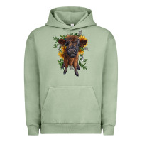 Pigment Oil Green highland cow with sunflower Urban Hoodie - RanaPortraitStore