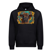 Black highland cow calf with western background Urban Hoodie - RanaPortraitStore