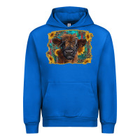 Cobalt highland cow calf with western background Urban Hoodie - RanaPortraitStore
