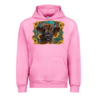 Fuchsia Pink highland cow calf with western background Urban Hoodie - RanaPortraitStore