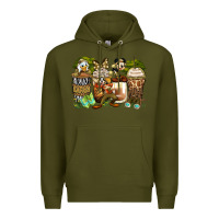 Army Green safari cartoon characters coffee cups Premium Hoodie - Zillion Design Studio