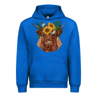 Cobalt highland cow with sunflowers Urban Hoodie - RanaPortraitStore