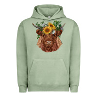 Pigment Oil Green highland cow with sunflowers Urban Hoodie - RanaPortraitStore