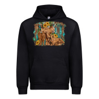 Black highland cow family cattle and calf with sunflower and turquoise backg Urban Hoodie - RanaPortraitStore