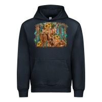 Navy highland cow family cattle and calf with sunflower and turquoise backg Urban Hoodie - RanaPortraitStore