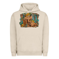 Pigment French Oak highland cow family cattle and calf with sunflower and turquoise backg Urban Hoodie - RanaPortraitStore