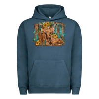 Pigment Midnight Navy highland cow family cattle and calf with sunflower and turquoise backg Urban Hoodie - RanaPortraitStore