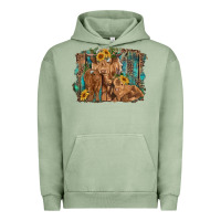 Pigment Oil Green highland cow family cattle and calf with sunflower and turquoise backg Urban Hoodie - RanaPortraitStore