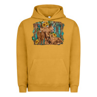 Pigment Peanut Butter highland cow family cattle and calf with sunflower and turquoise backg Urban Hoodie - RanaPortraitStore