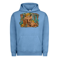 Pigment Pebble Blue highland cow family cattle and calf with sunflower and turquoise backg Urban Hoodie - RanaPortraitStore