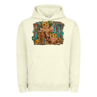 Pigment Pistachio highland cow family cattle and calf with sunflower and turquoise backg Urban Hoodie - RanaPortraitStore