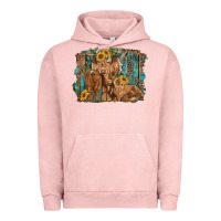 Pigment Salmon highland cow family cattle and calf with sunflower and turquoise backg Urban Hoodie - RanaPortraitStore