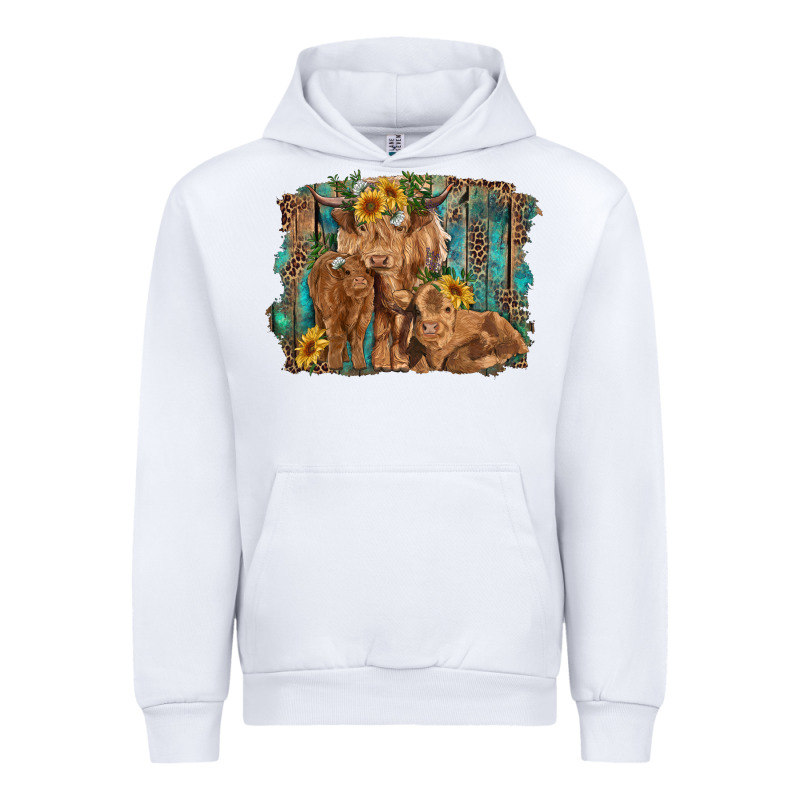 Highland Cow Family Cattle And Calf With Sunflower And Turquoise Backg Urban Hoodie by RanaPortraitStore | Teevron
