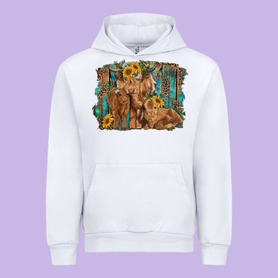 Highland Cow Family Cattle And Calf With Sunflower And Turquoise Backg Urban Hoodie Designed By Ranaportraitstore