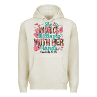 Oatmeal Heather she works willingly with her hands Premium Hoodie - texasbilliewilder