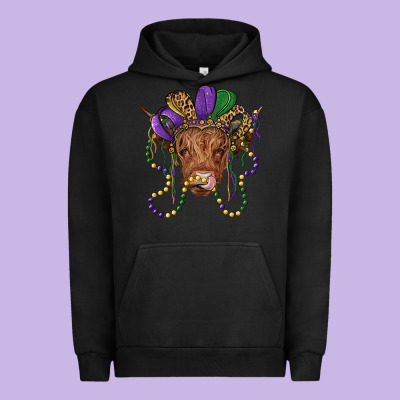 Highland Cow With Mardi Gras Hat Urban Hoodie Designed By Ranaportraitstore