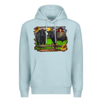 Blue Mist black angus cattle and bull in barnyard Premium Hoodie - RanaPortraitStore