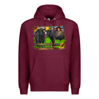 Burgundy black angus cattle and bull in barnyard Premium Hoodie - RanaPortraitStore