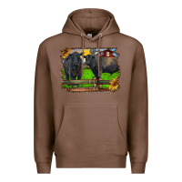 Chestnut black angus cattle and bull in barnyard Premium Hoodie - RanaPortraitStore