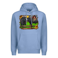 Colony Blue black angus cattle and bull in barnyard Premium Hoodie - RanaPortraitStore