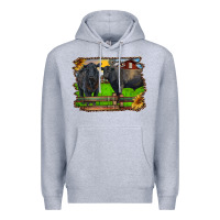 Heather Grey black angus cattle and bull in barnyard Premium Hoodie - RanaPortraitStore