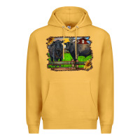 Mustard black angus cattle and bull in barnyard Premium Hoodie - RanaPortraitStore