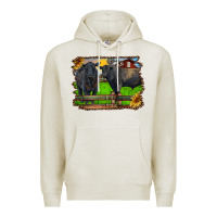 Oatmeal Heather black angus cattle and bull in barnyard Premium Hoodie - RanaPortraitStore