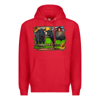 Red black angus cattle and bull in barnyard Premium Hoodie - RanaPortraitStore