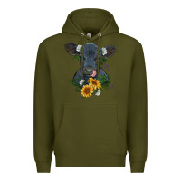 Army Green baby cow black angus calf with flowers Premium Hoodie - RanaPortraitStore
