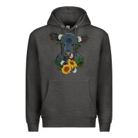 Charcoal Heather baby cow black angus calf with flowers Premium Hoodie - RanaPortraitStore