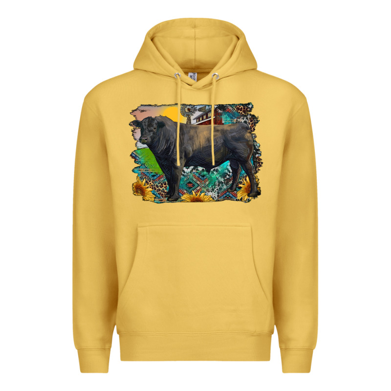 Black Angus Bull With Aztec And Farm Background Premium Hoodie by RanaPortraitStore | Teevron