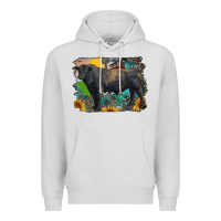 Dove Grey black angus bull with aztec and farm background Premium Hoodie - RanaPortraitStore