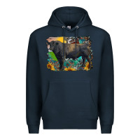 Navy black angus bull with aztec and farm background Premium Hoodie - RanaPortraitStore