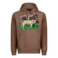 Chestnut charolais bull black angus cattle and bull with barnyard and cowhide Premium Hoodie - RanaPortraitStore