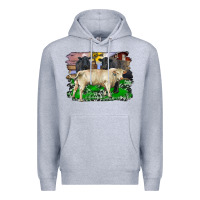 Heather Grey charolais bull black angus cattle and bull with barnyard and cowhide Premium Hoodie - RanaPortraitStore
