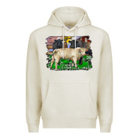Oatmeal Heather charolais bull black angus cattle and bull with barnyard and cowhide Premium Hoodie - RanaPortraitStore