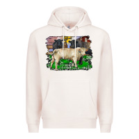 Pale Pink charolais bull black angus cattle and bull with barnyard and cowhide Premium Hoodie - RanaPortraitStore