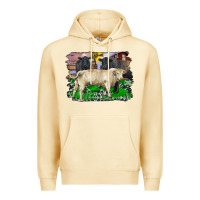 Pina Colada charolais bull black angus cattle and bull with barnyard and cowhide Premium Hoodie - RanaPortraitStore