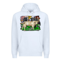 White charolais bull black angus cattle and bull with barnyard and cowhide Premium Hoodie - RanaPortraitStore