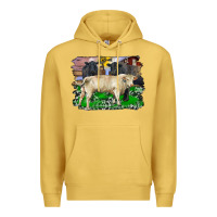 Antique Gold charolais bull black angus cattle and bull with barnyard and cowhide Premium Hoodie - RanaPortraitStore