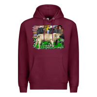 Burgundy charolais bull black angus cattle and bull with barnyard and cowhide Premium Hoodie - RanaPortraitStore